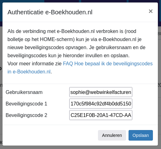 Dashboard autorisatie e-Boekhouden connectie