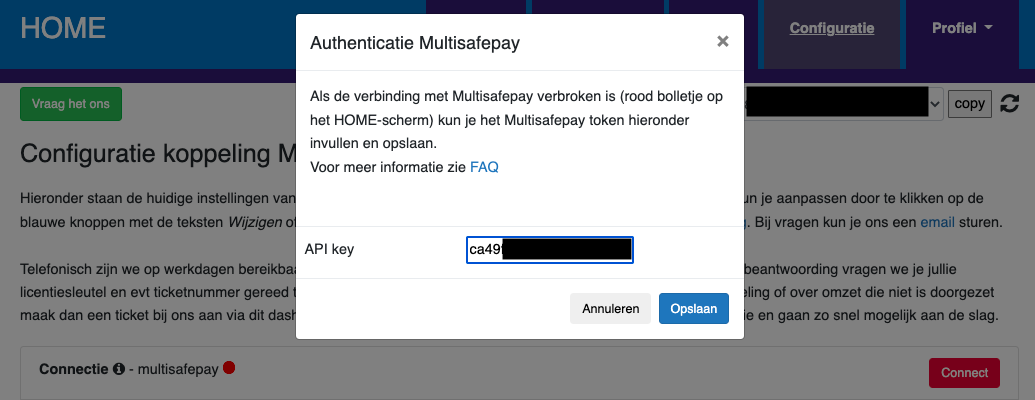 Dashboard MultiSafePay e-Boekhouden MultiSafePay connectie