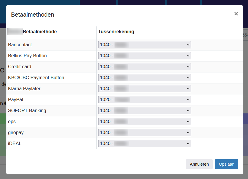 Dashboard Pay.nl Rompslomp toewijzenbetaalmethoden aan tussenrekeningen